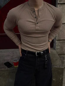 DAZY 灰色彈性棉布男士長袖純色T恤 - 駝色 - 查看 3