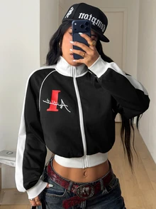 Coolane 女款秋冬街頭風日常外出色塊拼接條紋紋理裝飾圖案黑白修身夾克 - 黑與白 - 查看 2