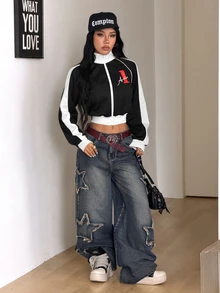 Coolane 女款秋冬街頭風日常外出色塊拼接條紋紋理裝飾圖案黑白修身夾克 - 黑與白 - 查看 5