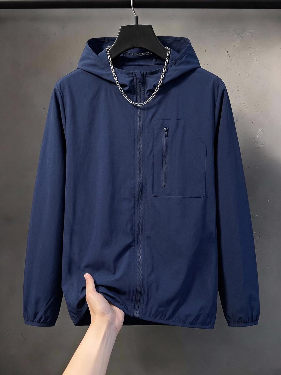 1 buah Jaket Hoodie Kasual Dasar untuk Anak Laki-laki, Cocok untuk Perjalanan Sehari-hari, Sekolah, Pakaian Luar Musim Gugur/Dingin, Dapat Dipakai dengan Lapisan Dalam - Navy Blue - View 1