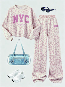 SHEIN 粉色時尚運動風拼色字母 NYC 圖案印花，青少年女孩休閒柔軟舒適寬鬆圓領套頭衛衣與寬腿褲運動服套裝，適合秋冬日常、街頭、新風格、時尚女孩、校園時尚返校，抓絨內裡 - 彩色 - 查看 2