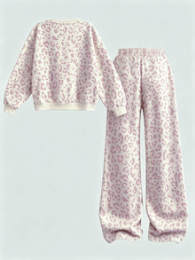 SHEIN 粉色時尚運動風拼色字母 NYC 圖案印花，青少年女孩休閒柔軟舒適寬鬆圓領套頭衛衣與寬腿褲運動服套裝，適合秋冬日常、街頭、新風格、時尚女孩、校園時尚返校，抓絨內裡 - 彩色 - 查看 4