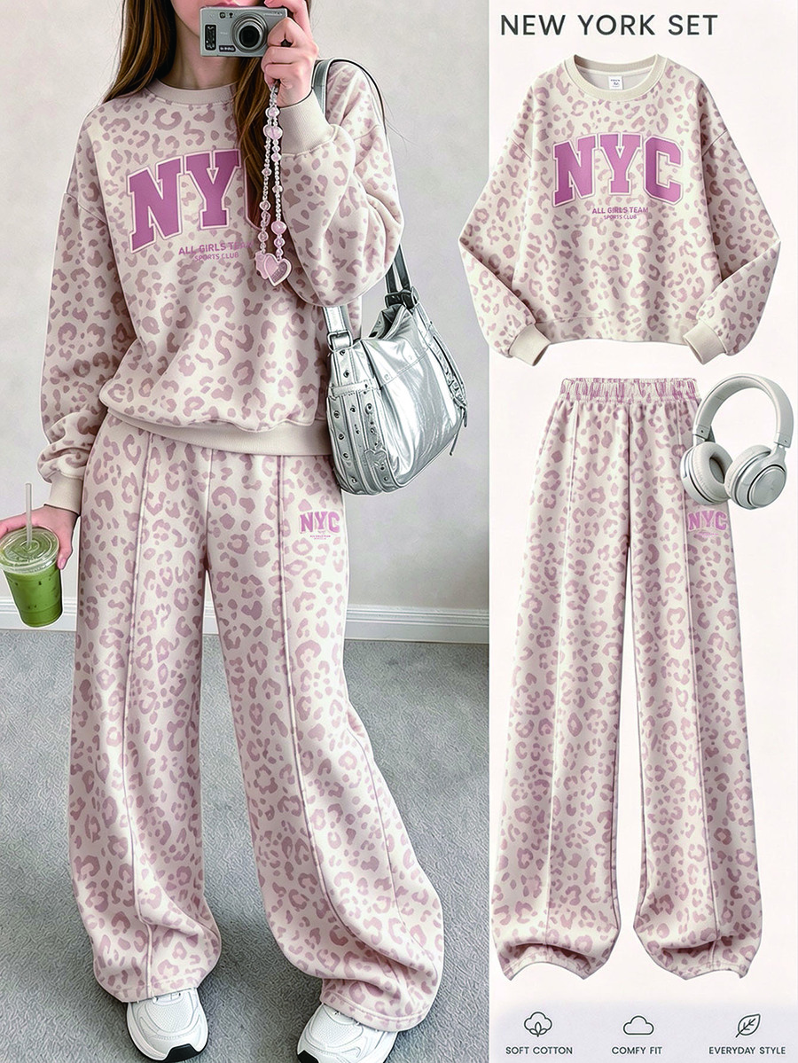 SHEIN 粉色時尚運動風拼色字母 NYC 圖案印花,青少年女孩休閒柔軟舒適寬鬆圓領套頭衛衣與寬腿褲運動服套裝,適合秋冬日常、街頭、新風格、時尚女孩、校園時尚返校,抓絨內裡 - 彩色 - 查看 1