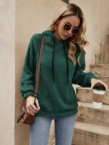 SHEIN LUNE Solid Drawstring Teddy Hoodie In Fall/Winter - Dark Green - View 4