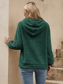 SHEIN LUNE Solid Drawstring Teddy Hoodie In Fall/Winter - Dark Green - View 2