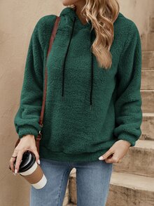SHEIN LUNE Solid Drawstring Teddy Hoodie In Fall/Winter - Dark Green - View 7
