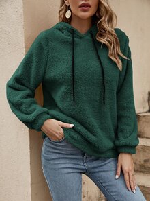SHEIN LUNE Solid Drawstring Teddy Hoodie In Fall/Winter - Dark Green - View 3
