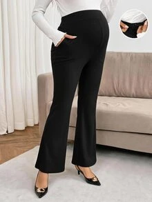 SHEIN Maternity Solid Color Adjustable Waist Casual Daily Wear Tight Leggings - Black - View 2