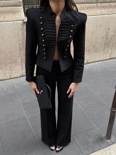Aloruh Conjunto de Terno Preto Sólido Feminino Outono/Inverno, Blazer Luxuoso Estilo Palácio, Roupa Estilo Napoleão, Terno Vintage Elegante, Jaqueta Curta Feminina com Calça Reta