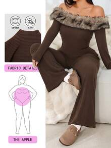 Solflare Plus Size Women Autumn Winter Outing Date Casual Commute Party Fashion Urban Multi-Scene Versatile Outerwear Inner Layer Fur Collar Warm Fuzzy Square Neck Long Sleeve Slim Fit T-Shirt High Elastic Ribbed Knit And Flare Pants Coffee Color Combination Two Pieces Set - Brown - View 1