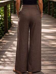 SHEIN PETITE Women's Solid Color Casual Everyday Travel Pants With Pockets - Chocolate Brown - View 2