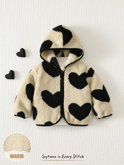 Cozy Pixies Baby Girl Casual Solid Color Cute Heart Pattern Fuzzy Hooded Winter Jacket