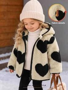 Cozy Pixies Jaket Musim Dingin Bayi Perempuan Kasual Warna Polos Motif Hati Lucu Berbulu dengan Tudung - Hitam dan Putih - View 1