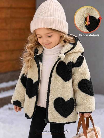 Cozy Pixies Baby Girl Casual Solid Color Cute Heart Pattern Fuzzy Hooded Winter Jacket