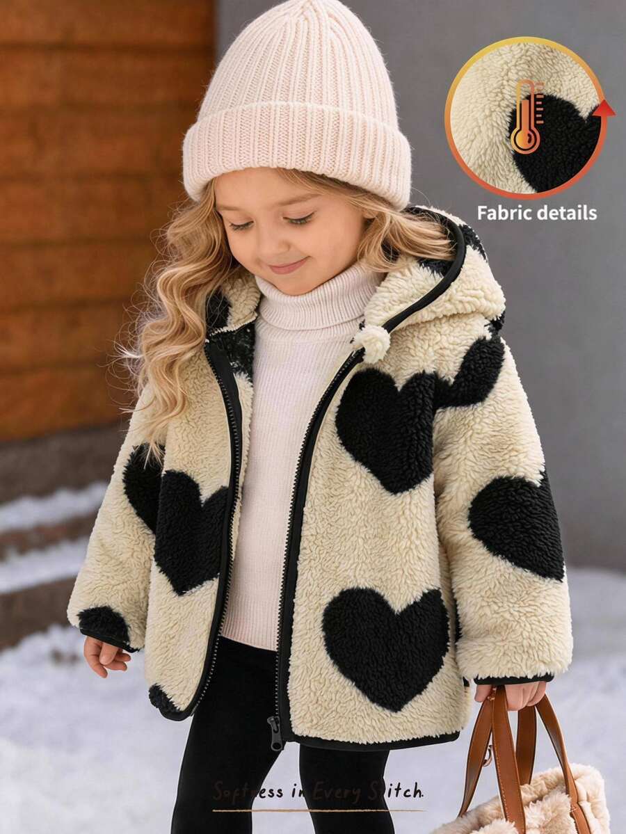Cozy Pixies Jaket Musim Dingin Bayi Perempuan Kasual Warna Polos Motif Hati Lucu Berbulu dengan Tudung - Hitam dan Putih - View 1