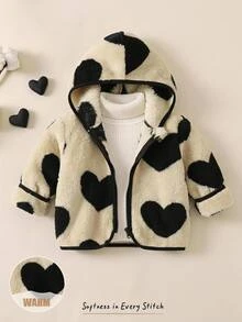 Cozy Pixies Jaket Musim Dingin Bayi Perempuan Kasual Warna Polos Motif Hati Lucu Berbulu dengan Tudung - Hitam dan Putih - View 9
