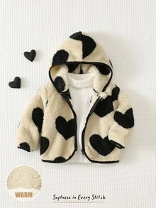 Cozy Pixies Jaket Musim Dingin Bayi Perempuan Kasual Warna Polos Motif Hati Lucu Berbulu dengan Tudung - Hitam dan Putih - View 8