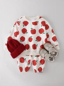 THE HAPPY LOOK 2pcs/Set Young Girl Cartoon Fruit Pattern Knit Soft Crew Neck Long Sleeve Pullover Sweatshirt And Elastic Waist Long Pants - Apricot - View 3