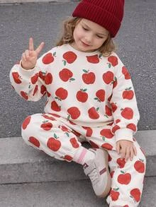 THE HAPPY LOOK 2pcs/Set Young Girl Cartoon Fruit Pattern Knit Soft Crew Neck Long Sleeve Pullover Sweatshirt And Elastic Waist Long Pants - Apricot - View 1