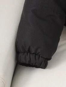 SHEIN 女童黑色厚抓絨內裡連帽夾克，腰部拉鍊，純色，毛領，時尚街頭風，適合戶外活動與日常穿著，長袖棉質冬季夾克，酷 Y2K 風格，百搭經典日常穿搭，冬季 - 黑色 - 查看 4