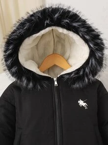 SHEIN 女童黑色厚抓絨內裡連帽夾克，腰部拉鍊，純色，毛領，時尚街頭風，適合戶外活動與日常穿著，長袖棉質冬季夾克，酷 Y2K 風格，百搭經典日常穿搭，冬季 - 黑色 - 查看 7