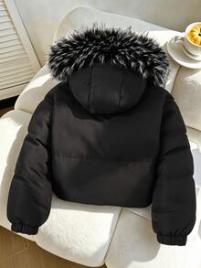 SHEIN 女童黑色厚抓絨內裡連帽夾克，腰部拉鍊，純色，毛領，時尚街頭風，適合戶外活動與日常穿著，長袖棉質冬季夾克，酷 Y2K 風格，百搭經典日常穿搭，冬季 - 黑色 - 查看 2