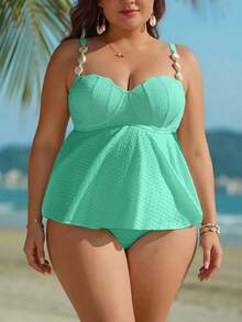 SHEIN Swim 大码印花吊带泳衣，特殊面料，饰以贝壳和宝石图案 - 薄荷綠 - 查看 4