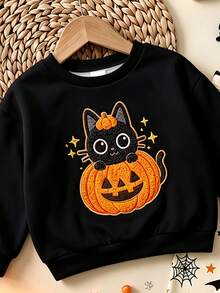 2pcs Baby Girl Casual Fashion Minimalist Sweet Cute Halloween Cat Pumpkin Print Crew Neck Sweatshirt And Leopard Print Pants Set, Suitable For Autumn/Winter Cozy Vibes, Fall Vibes - Multicolor - View 4