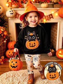 2pcs Baby Girl Casual Fashion Minimalist Sweet Cute Halloween Cat Pumpkin Print Crew Neck Sweatshirt And Leopard Print Pants Set, Suitable For Autumn/Winter Cozy Vibes, Fall Vibes - Multicolor - View 1