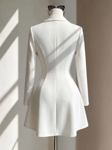 Fine & Folde Early Autumn Cross V-Neck Light Apricot Long Sleeve Pearl Button Pleated Heavy Work A-Line Elegant Commuter Versatile Date Short Dress For Women - Apricot - View 2