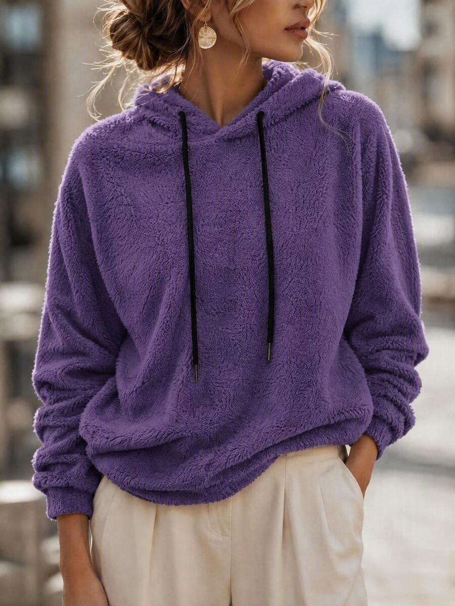 SHEIN LUNE Solid Color Fleece Drawstring Hoodie,Long Sleeve Tops In Fall/Winter,Casual - Purple - View 1