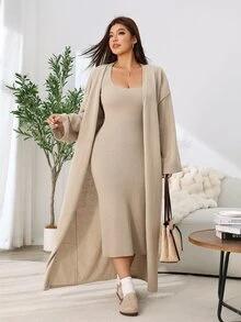 Solflare Plus Drop Shoulder Longline Cardigan & Sweater Dress Winter - Camel - View 4