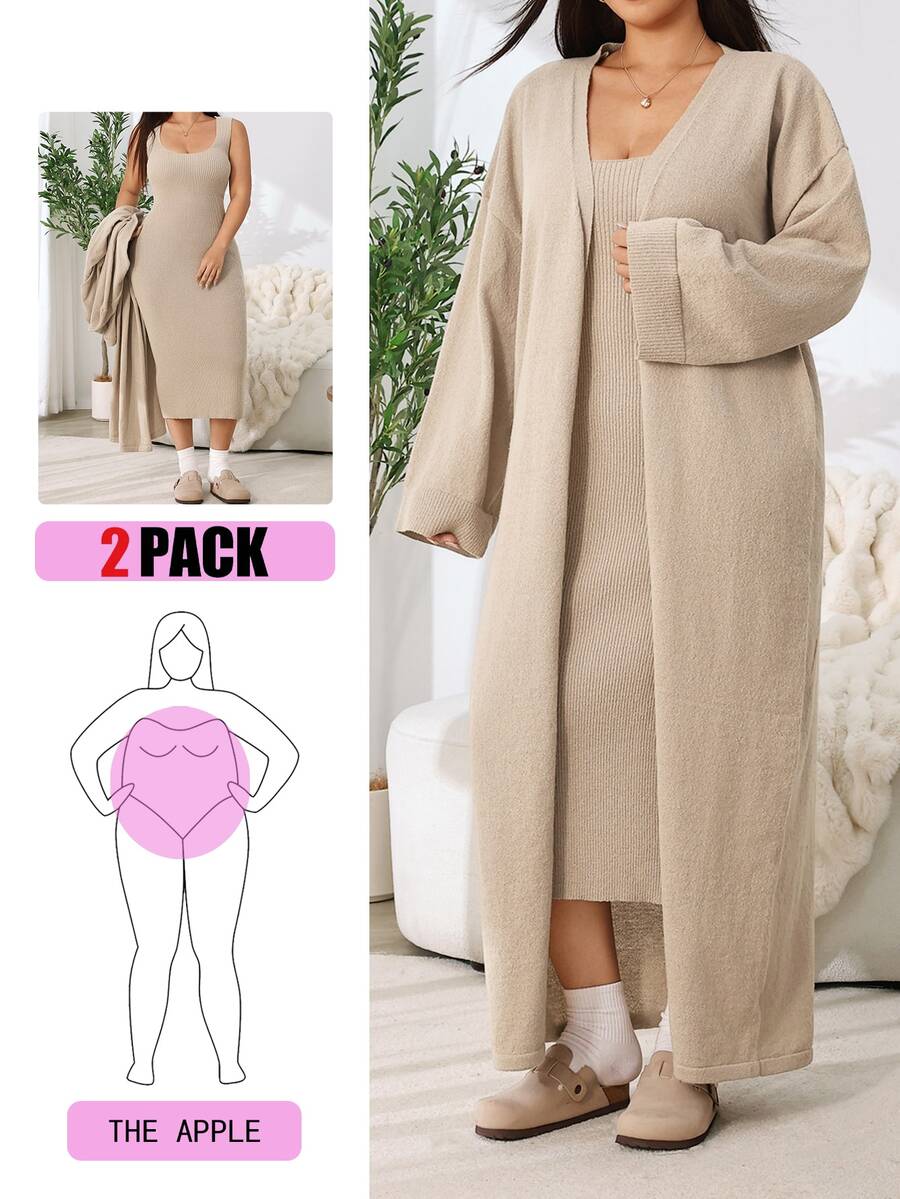 Solflare Plus Drop Shoulder Longline Cardigan & Sweater Dress Winter - Camel - View 1