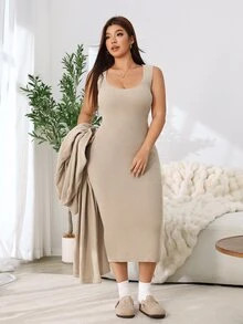 Solflare Plus Drop Shoulder Longline Cardigan & Sweater Dress Winter - Camel - View 3