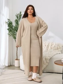 Solflare Plus Drop Shoulder Longline Cardigan & Sweater Dress Winter - Camel - View 5