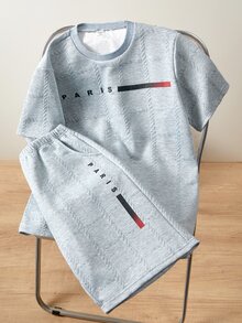 Vacaura 男童两件套，青少年（男童）春夏新款休闲时尚简约白色纹理格子巴黎印花短袖T恤和短裤套装 - 灰色 - 查看 3