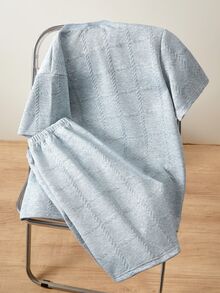Vacaura 男童两件套，青少年（男童）春夏新款休闲时尚简约白色纹理格子巴黎印花短袖T恤和短裤套装 - 灰色 - 查看 2