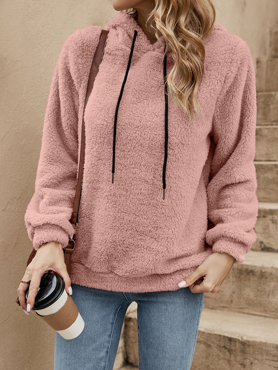 SHEIN LUNE Solid Drawstring Pink Teddy Hoodie Autumn Winter Clothes For Women,Casual