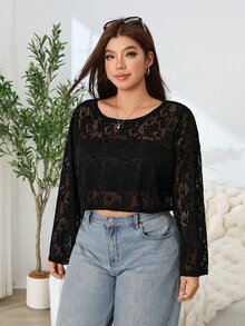 Solflare Plus Size Women Autumn Winter Black Lace Sheer Cover Up Top - Black - View 3