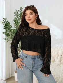 Solflare Plus Size Women Autumn Winter Black Lace Sheer Cover Up Top - Black - View 4