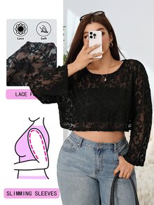 Solflare Plus Size Women Autumn Winter Black Lace Sheer Cover Up Top - Black - View 1