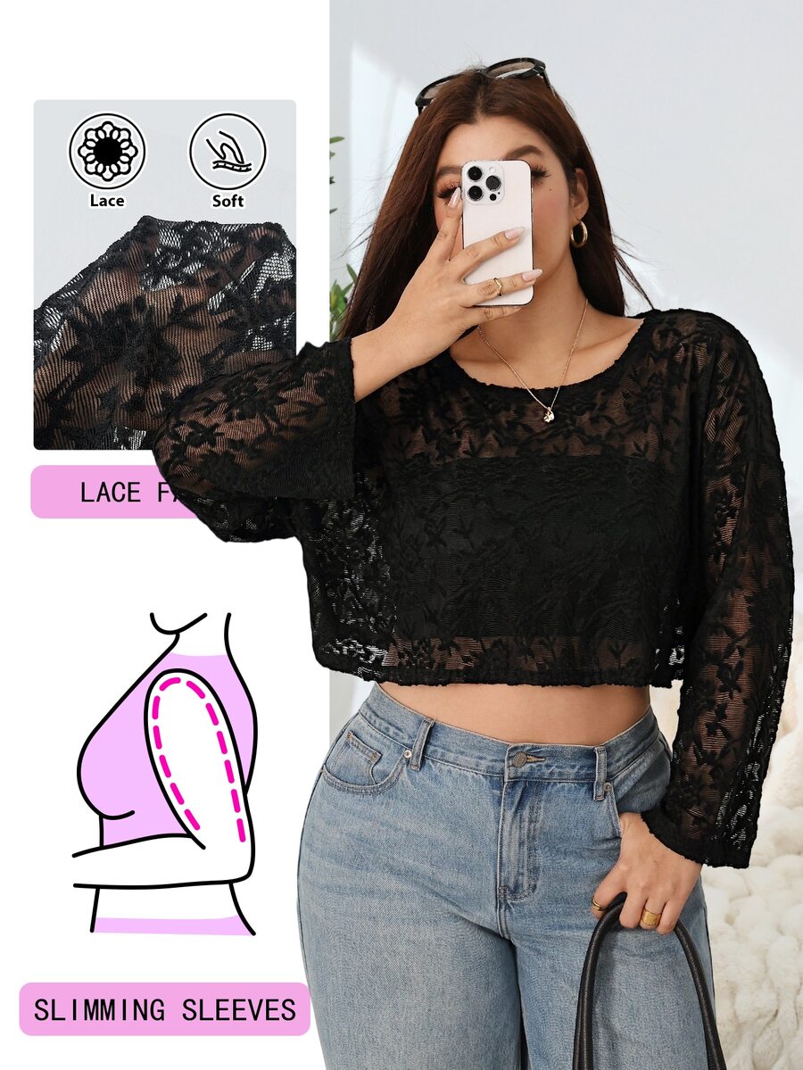 Solflare Plus Size Women Autumn Winter Black Lace Sheer Cover Up Top - Black - View 1