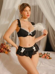 DelicateAllure 蕾丝拼接女士内衣套装（女士文胸、低腰迷你裙式丁字裤两件套） - 黑色 - 查看 1