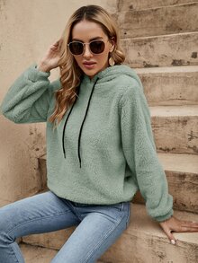 SHEIN LUNE 秋冬款纯色抽绳泰迪熊连帽衫 - 薄荷綠 - 查看 7