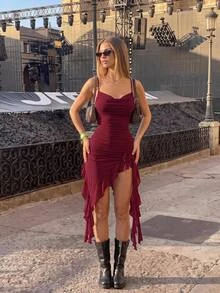 Sweetina Summer Vacation Solid Color Draped Neck Floral Decor Ruffle Asymmetric Hem Spaghetti Strap Dress - Burgundy - View 2