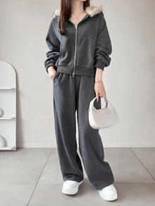 FRIFUL Women's Plush Patchwork Zip-Up Hoodie & Long Casual Daily Two Pieces Set - Grey - View 6