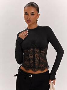 SHEIN BAE Fall& Winter Women's Sexy Black Lace Patchwork Long Sleeve Top Elegant - Black - View 8