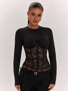 SHEIN BAE Fall& Winter Women's Sexy Black Lace Patchwork Long Sleeve Top Elegant - Black - View 6