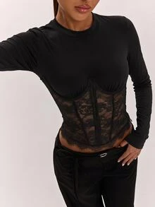 SHEIN BAE Fall& Winter Women's Sexy Black Lace Patchwork Long Sleeve Top Elegant - Black - View 7