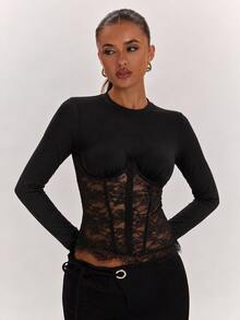 SHEIN BAE Fall& Winter Women's Sexy Black Lace Patchwork Long Sleeve Top Elegant - Black - View 3